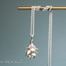 Load image into Gallery viewer, cast silver hemlock pine cone necklace by hkm jewelry in polished finish
