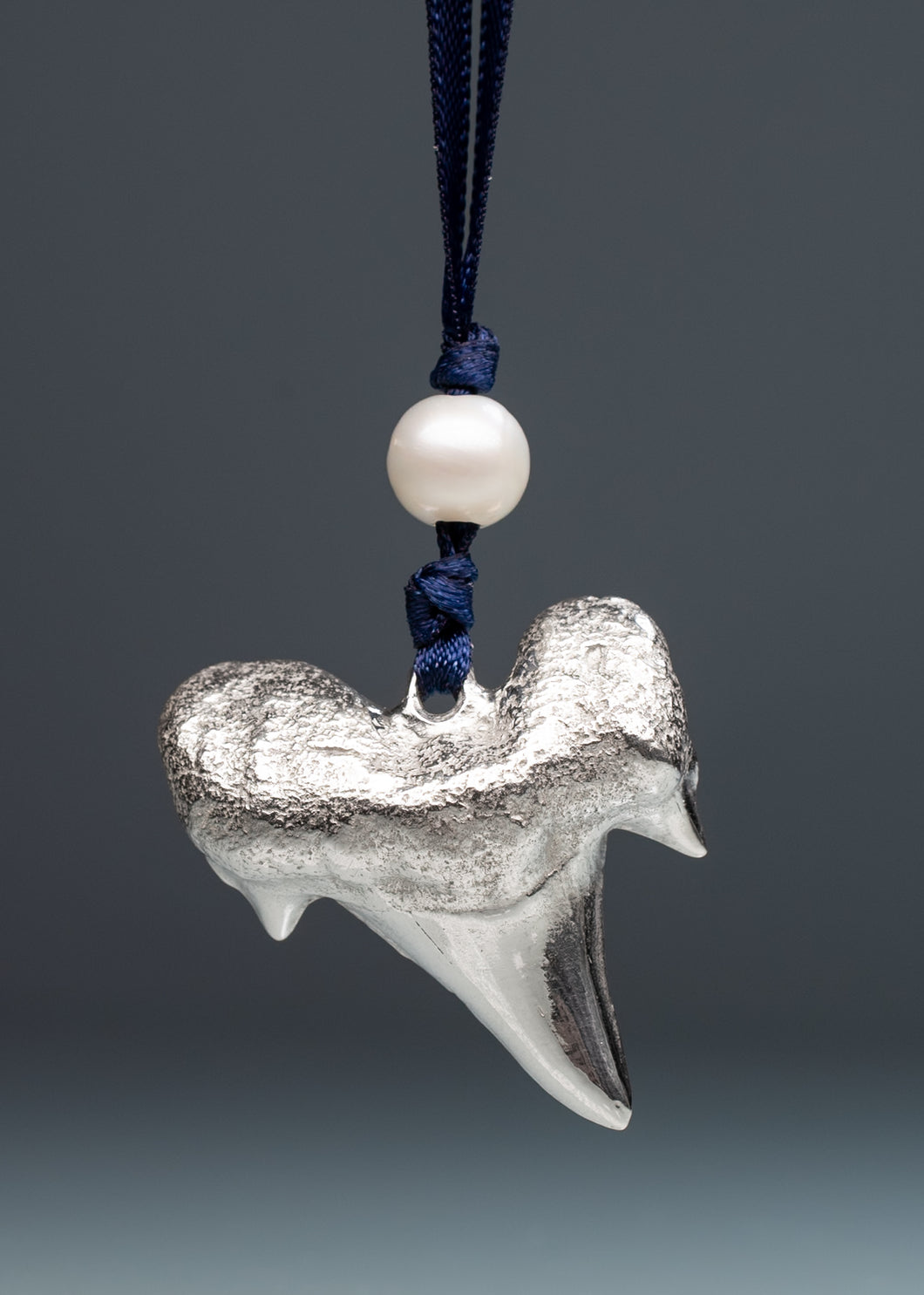 Silver shark tooth ornament with a pearl and blue cord on a gray background