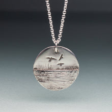 Load image into Gallery viewer, sedge island workshop marsh necklace with shorebirds and osprey in sterling silver by hkm jewelry
