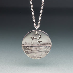 sedge island workshop marsh necklace with shorebirds and osprey in sterling silver by hkm jewelry