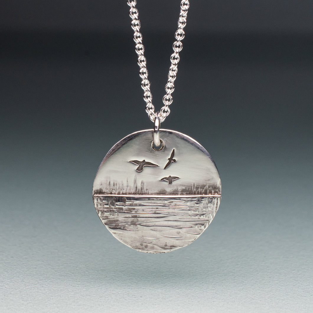 sedge island workshop marsh necklace with shorebirds and osprey in sterling silver by hkm jewelry