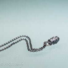 Load image into Gallery viewer, top view of cast silver mini pinecone necklace by hkm jewelry in oxidized finish
