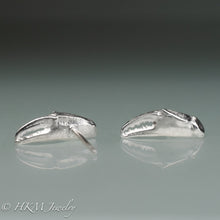 Load image into Gallery viewer, front and back view of cast silver lady crab claw stud earrings by hkm jewelry
