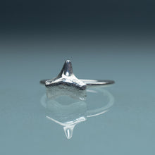 Load image into Gallery viewer, cast silver small shark tooth ring on blue gradient background
