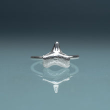 Load image into Gallery viewer, cast silver small shark tooth ring on blue gradient background
