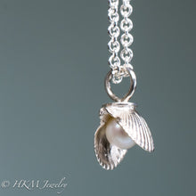 Load image into Gallery viewer, close up of mini bay scallop shell necklace with inset freshwater pearl by hkm jewelry

