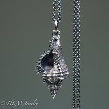 Load image into Gallery viewer, close up of chicoreus florifer - Lace Murex shell necklace in sterling silver by hkm jewelry oxidized finish
