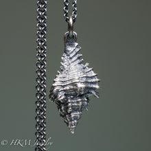 Load image into Gallery viewer, close up back side of close up of chicoreus florifer - Lace Murex shell necklace in sterling silver by hkm jewelry oxidized finish
