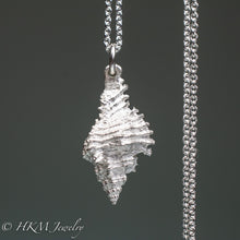 Load image into Gallery viewer, close up back side of close up of chicoreus florifer - Lace Murex shell necklace in sterling silver by hkm jewelry polished finish
