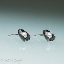 Load image into Gallery viewer, Mussel Pearl Stud Earrings - Oxidized Silver Seashell Studs
