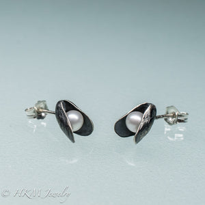 Mussel Pearl Stud Earrings - Oxidized Silver Seashell Studs