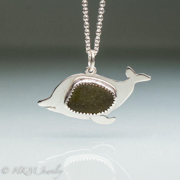 Olive Green Sea Glass Dolphin Necklace - Sterling Silver Ocean Porpoise by hkm jewelry