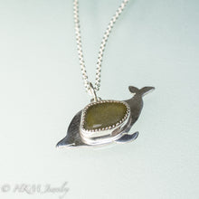 Load image into Gallery viewer, Olive Green Sea Glass Dolphin Necklace - Sterling Silver Ocean Porpoise by hkm jewelry with serrated bezel setting
