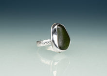 Load image into Gallery viewer, olive green sea glass ring with scale patterned ring band by hkm jewelry

