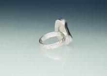 Load image into Gallery viewer, backside of olive green sea glass ring with scale patterned ring band by hkm jewelry

