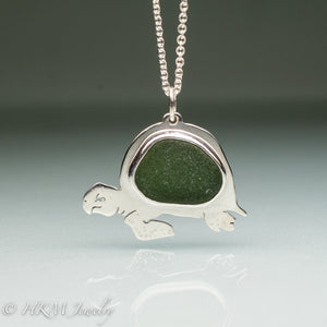 olive green sea glass sea turtle necklace in recycled sterling silver by hkm jewelry
