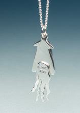 Load image into Gallery viewer, A sterling silver squid pendant necklace on a matching silver ball chain, shown against a blue gradient background. The pendant features a polished finish with a small engraving of '925' and 'SILVER' on the side.
