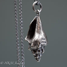 Load image into Gallery viewer, close up of side view of hallmark .925 and HKM makers mark stamp on queen conch necklace in oxidized silver by hkm jewelry
