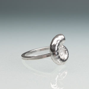 side detail of cast sterling silver rams horn squid spirula shell spiral ring by hali maclaren of hkm jewelry