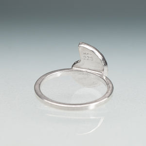 bottom view of makers mark HKM and hallmark .925 on cast sterling silver rams horn squid spirula shell spiral ring by hali maclaren of hkm jewelry