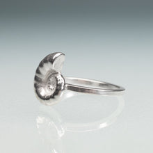 Load image into Gallery viewer, cast sterling silver rams horn squid spirula shell spiral ring by hali maclaren of hkm jewelry
