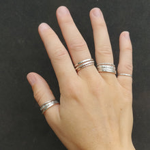 Load image into Gallery viewer, hkm jewelry stacking rings workshop options in sterling silver patterned wire on hand model
