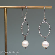 Load image into Gallery viewer, oxidized sterling silver rope pearl hoop earrings with freshwater pearls by hkm jewelry
