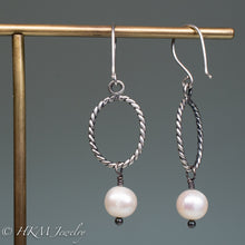 Load image into Gallery viewer, oxidized sterling silver rope pearl hoop earrings with freshwater pearls by hkm jewelry
