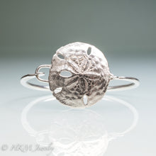 Load image into Gallery viewer, molded and cast real sand dollar cuff bracelet in recycled sterling silver by hkm jewelry
