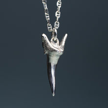 Load image into Gallery viewer, silver shark tooth necklace on anchor chain with teal gradient background
