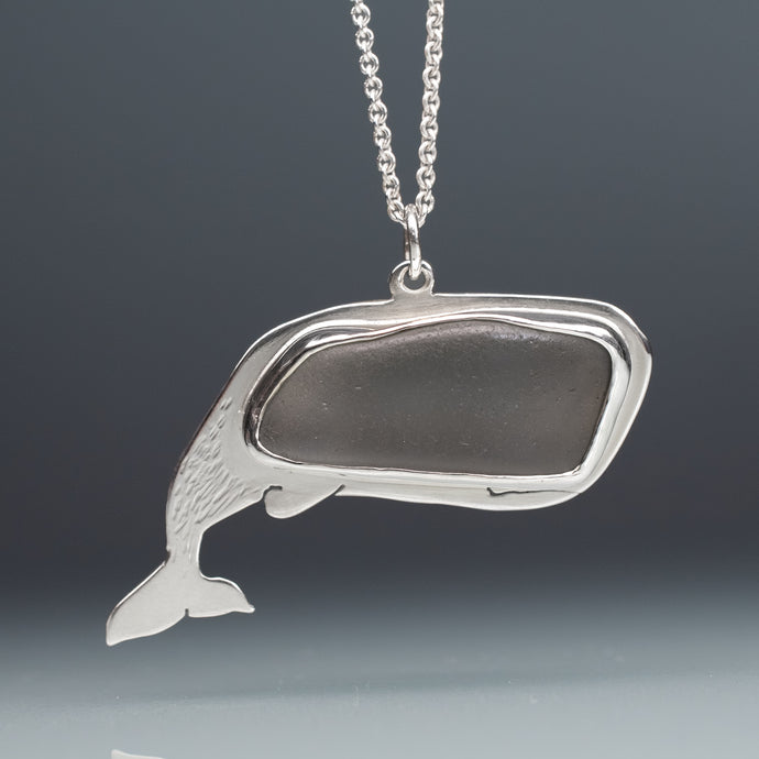 grey sea glass sperm whale necklace in sterling silver by hkm jewelry