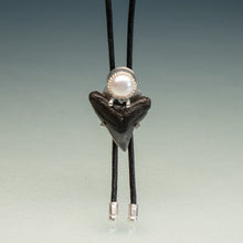 Load image into Gallery viewer, delicate unisex bolo tie with shark tooth fossil and freshwater pearl on thin leather cord
