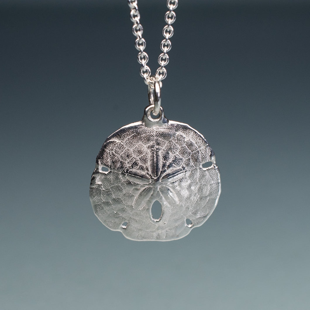small silver sand dollar shell necklace on cable chain with blue gradient background