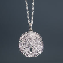 Load image into Gallery viewer, small silver sand dollar shell necklace on cable chain with grey background

