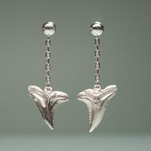 Load image into Gallery viewer, snaggletooth shark teeth earrings with anchor chain and ball posts by hkm jewelry
