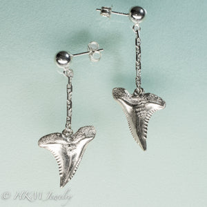 back view of snaggletooth shark teeth earrings with anchor chain and ball posts by hkm jewelry