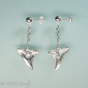 snaggletooth shark teeth earrings with anchor chain and ball posts by hkm jewelry