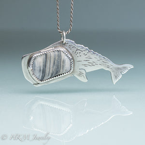 sperm whale necklace by hkm jewelry in recycled sterling silver and bezel set fossil clam shell piece