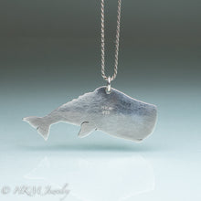 Load image into Gallery viewer, back side sperm whale necklace by hkm jewelry in recycled sterling silver and bezel set fossil clam shell piece stamped hallmark and .925
