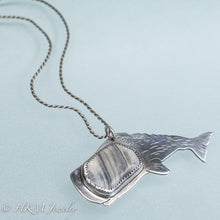 Load image into Gallery viewer, sperm whale necklace by hkm jewelry in recycled sterling silver and bezel set fossil clam shell piece
