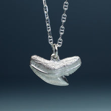 Load image into Gallery viewer, silver shark tooth necklace on anchor chain with teal gradient background
