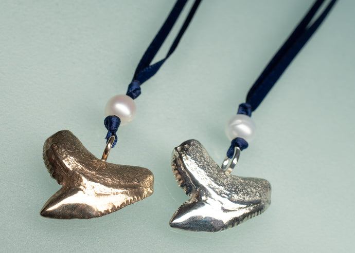 Two shark tooth pendants on blue strings with pearls against a light blue background