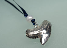 Load image into Gallery viewer, Silver shark tooth pendant on a blue cord with a pearl bead against a light gray background
