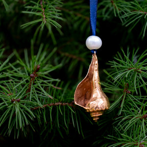 cast bronze lightning whelk ornament from key west florida with freshwater pearl and navy blue satin ribbon by hkm jewelry on evergreen tree