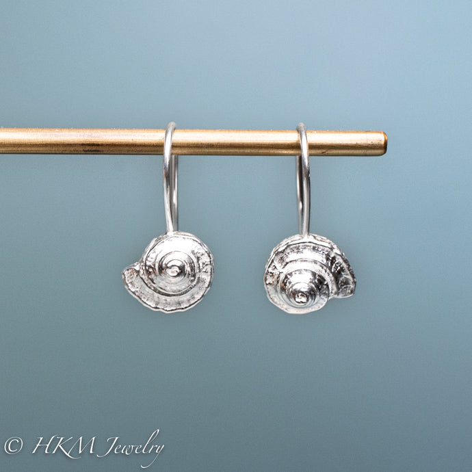 Channeled Whelk shell drop earrings in recycled sterling silver by hkm jewelry