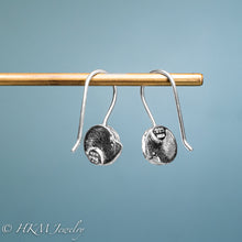Load image into Gallery viewer, backside of hallmark .925 and HKM stamp on Whelk top drop earrings in recycled sterling silver by hkm jewelry
