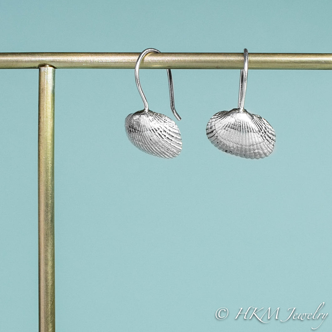 ark clam shell drop earrings by hkm jewelry with side and front view
