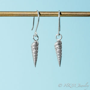 close up side and front view of auger snail shell dangle earrings in polished silver by hkm jewelry 