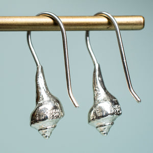 close up back view of baby knobbed whelk drop earrings in polished recycled silver by hkm jewelry
