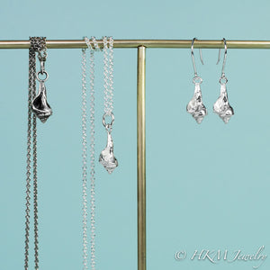 baby knobbed whelk dangle earrings and matching necklace in sterling silver by hkm jewelry